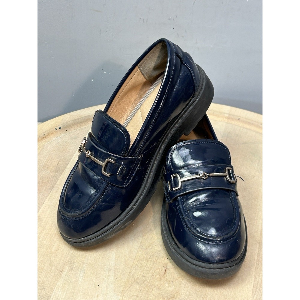 Coutgo‎ Bit Loafers Girls 1 Navy Patent Lug Sole Chunky Heel Preppy Classic
